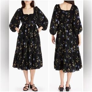 Madewell Dress Womens 8 Black Xiomara Cotton Floral Midi Romantic Boho Peasant